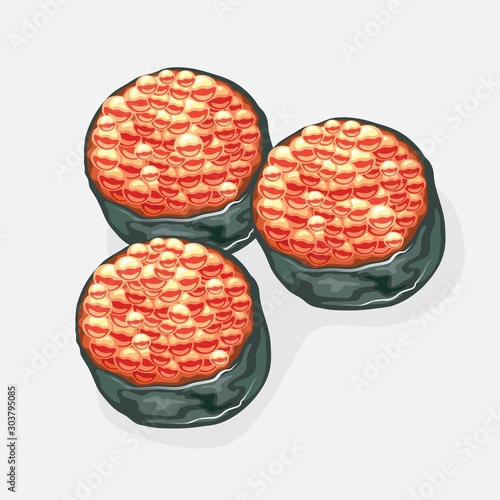 Three ikura sushi rolls with vinegared rice, salmon caviar wrapped around with strip of nori seaweed. Asian seafood, snack. Vector realistic illustration isolated on white background.