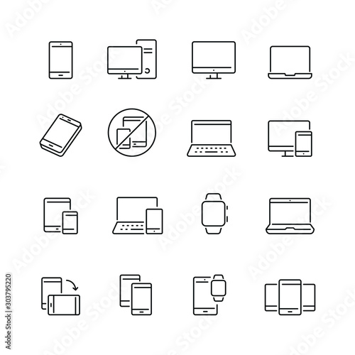 Mobile devices related icons: thin vector icon set, black and white kit