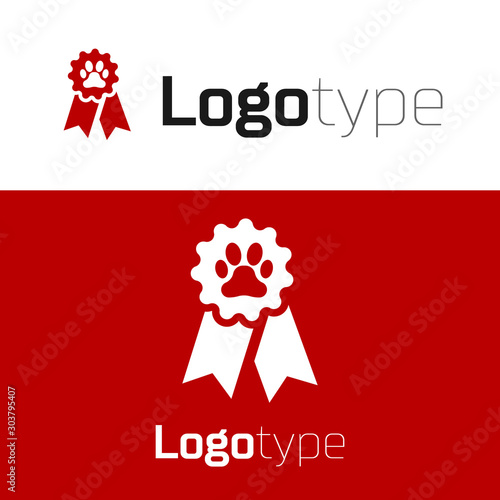 Red Pet award symbol icon isolated on white background. Badge with dog or cat paw print and ribbons. Medal for animal. Logo design template element. Vector Illustration