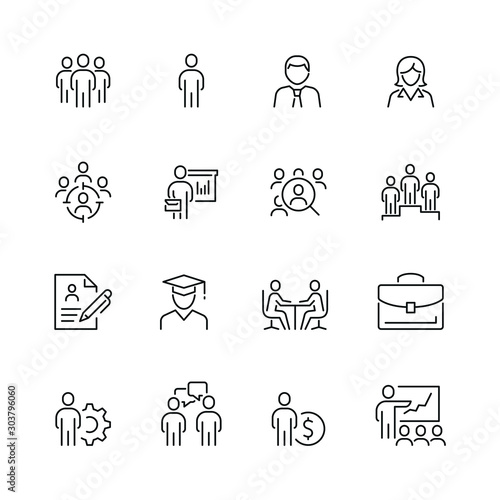 Recruitment and head hunting related icons: thin vector icon set, black and white kit