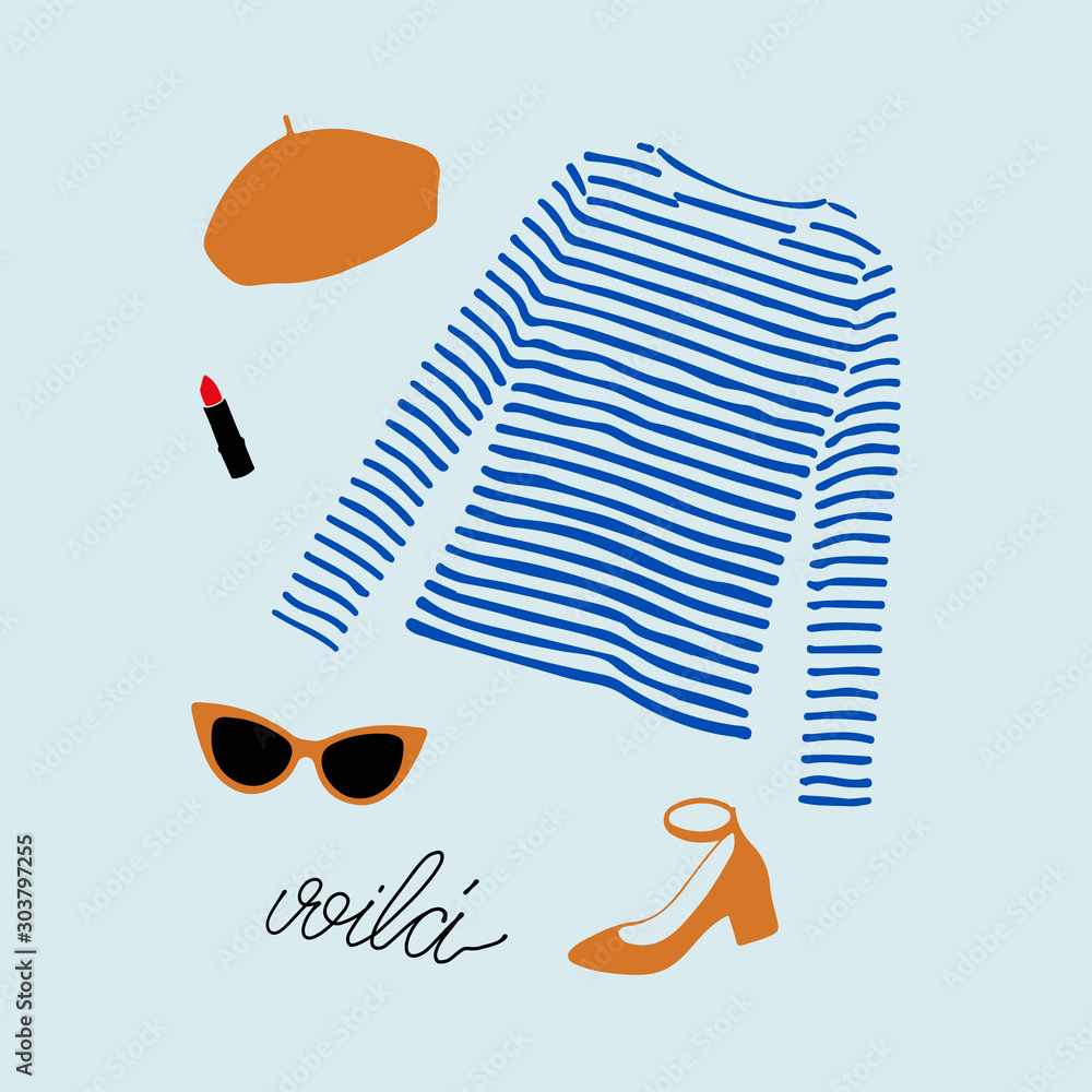 Φωτογραφία Stylish Parisian outfit illustration with blue striped t-shirt, shoes, sunglasses, orange beret and lipstick
