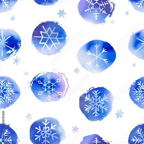 Seamless winter pattern of artistic blue snowflakes with watercolor texture. Stock vector set. For printed materials, prints, posters, cards, logo. Holiday background. Hand drawn decorative elements