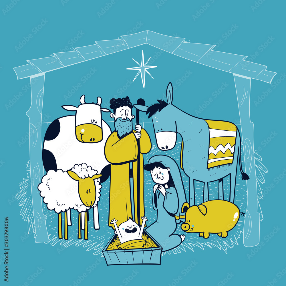 Ταπετσαρία Holy family manger scene with animals
