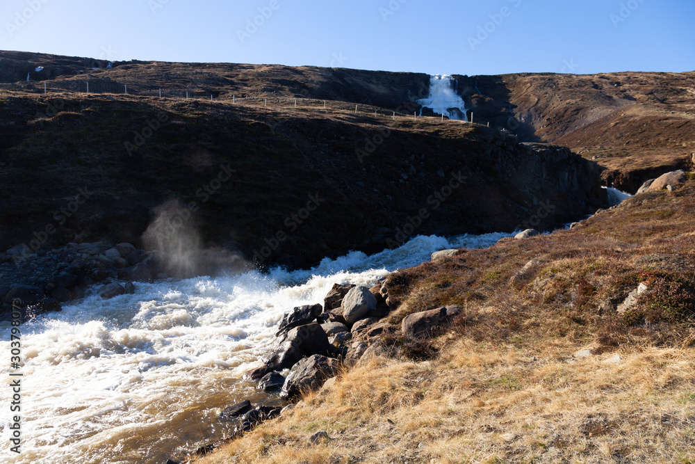 Stormy mountain river on a stony rocky calm deserted spring landscape of Iceland
