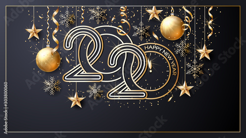 Happy New Year 2020. Vector. Christmas star. Greeting Card. Golden  inscription on a black background. Confetti, golden balls and ribbons.  Template for the design of greetings, invitations.