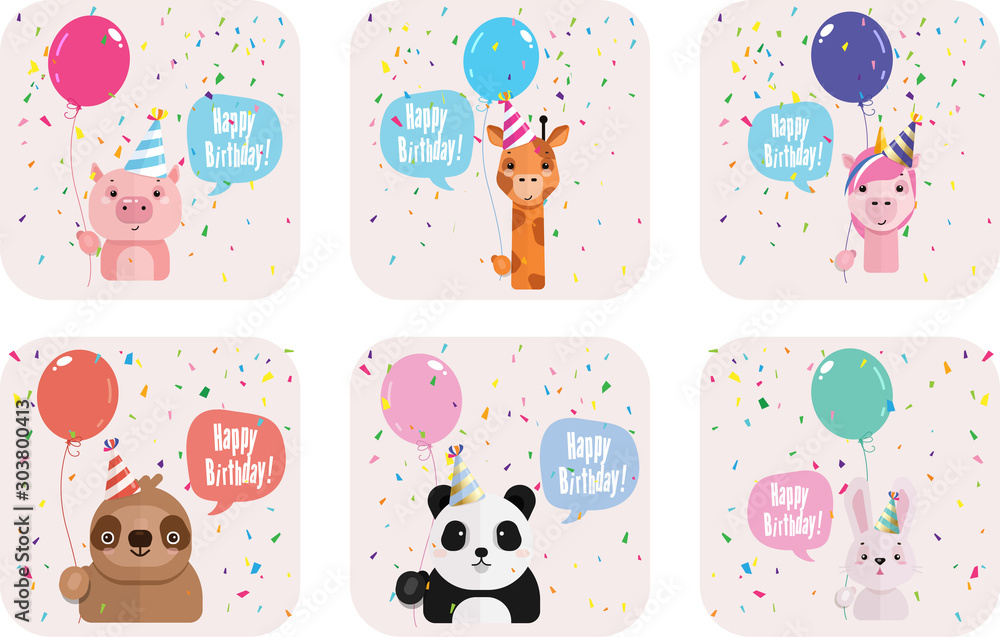 Fototapeta premium Set of birthday greeting with cute cartoon animals
