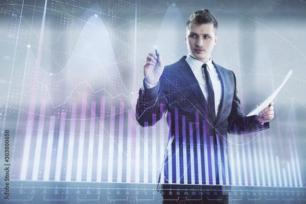 Businessman and forex graph hologram. Double exposure. Concept of financial education and analysis Businessman and forex graph hologram. Double exposure. Concept of financial education and analysis