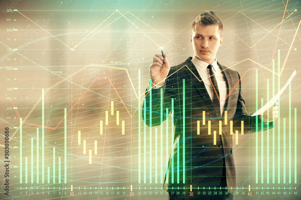 Businessman and forex graph hologram. Double exposure. Concept of financial education and analysis Businessman and forex graph hologram. Double exposure. Concept of financial education and analysis