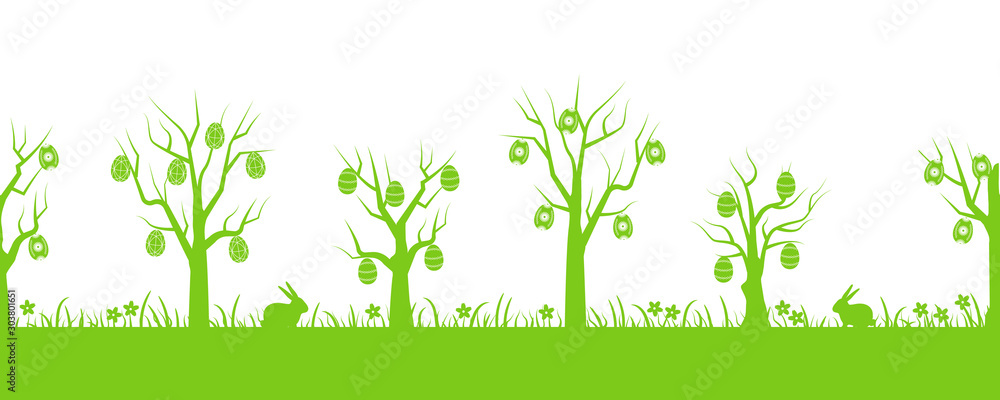 Easter background. Spring landscape. Seamless border. Green silhouettes. There are Easter trees, grass, flowers and rabbits in the picture. Vector flat illustration