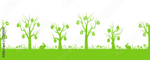 Easter background. Spring landscape. Seamless border. Green silhouettes. There are Easter trees  grass  flowers and rabbits in the picture. Vector flat illustration