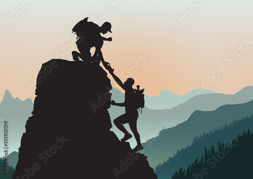 Silhouette of two people climbing mountain helping each other on rocky mountains background, helping hand and assistance concept vector illustration