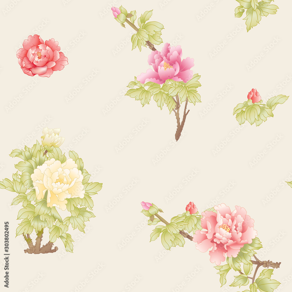 Peony tree branch with flowers in the style of Chinese painting on silk Seamless pattern, background. Colored vector illustration. On soft yellow background..