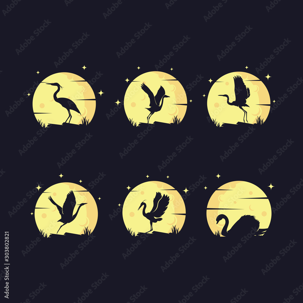 Set of Heron Silhouette with Moon Background Logo Design Template