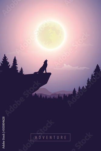 wolf on a cliff howls at full moon mystic nature landscape vector illustration EPS10