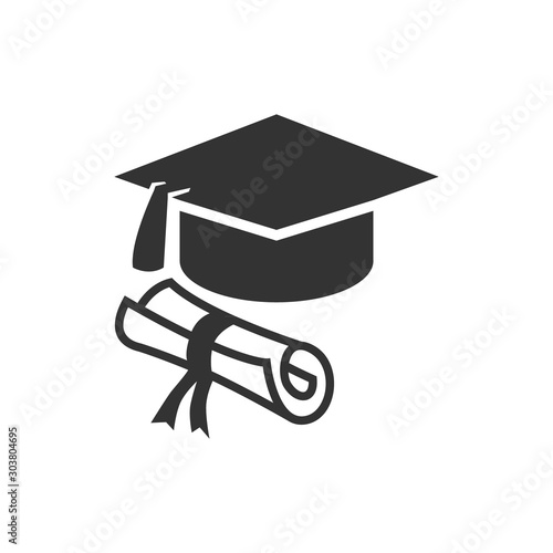 Graduation cap and diploma black web icon