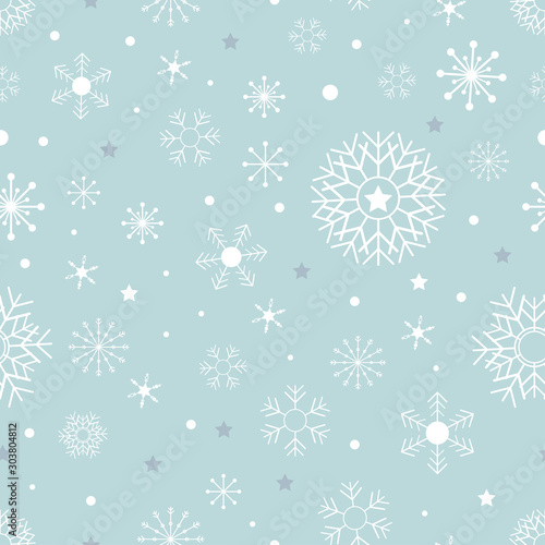 Seamless pattern with Cute snowflakes in different size with dot and stars on blue background,Vector seamless for holiday wrapping paper,fabric, textile