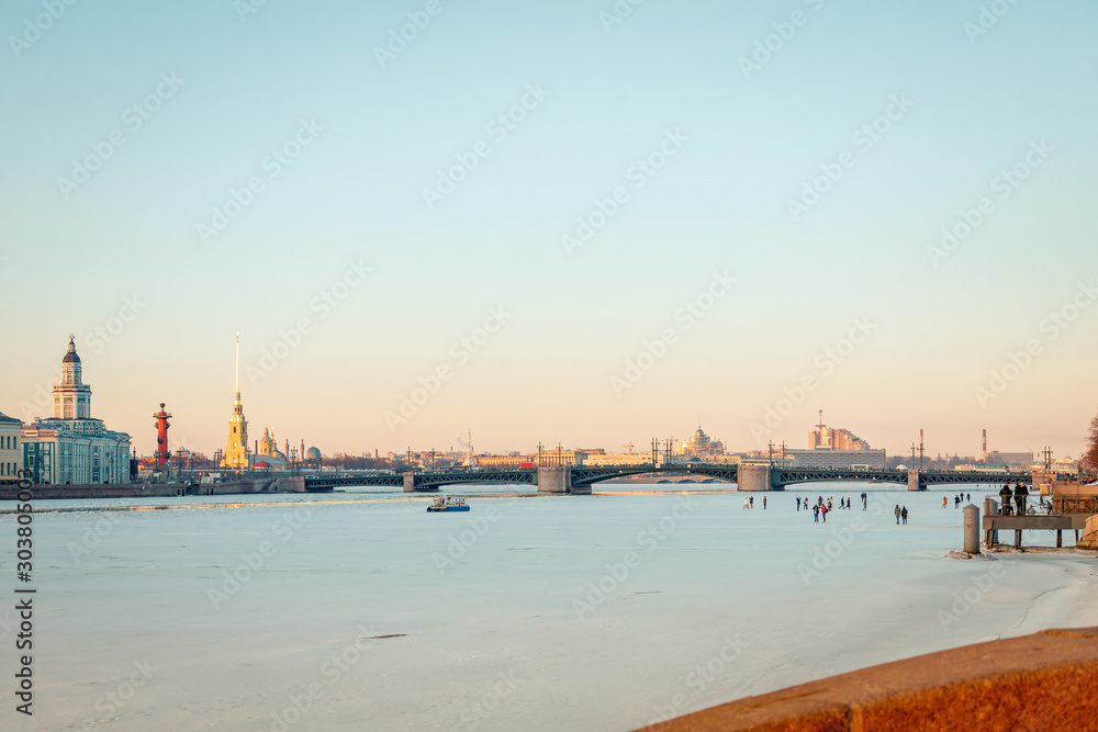 St. Petersburg winter, Sunny evening, view of the arrow of Vasilievsky island and Peter and Paul fortress.