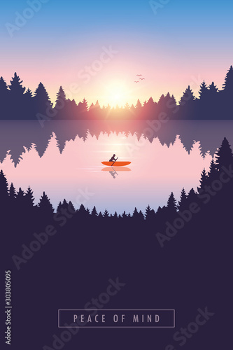 lonely canoeing adventure with orange boat at sunrise on the lake vector illustration EPS10