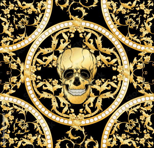 Floral pattern with human skull. Seamless pattern in baroque style. Vector illustration.