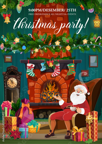 Santa Claus, Christmas fireplace and Xmas gifts