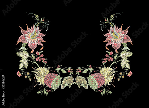 Fantasy flowers in retro, vintage, jacobean embroidery style. Embroidery for neckline. Colored vector illustration.