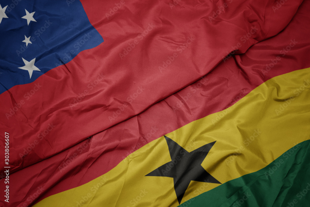 waving colorful flag of ghana and national flag of Samoa . waving colorful flag of ghana and national flag of Samoa .