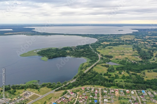 Photo of a lake on top helicopter blue water