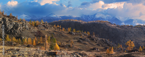 Panoramic autumn view. Dramatic sunset sky, snow in the mountains. Rocky slopes with a rare forest.