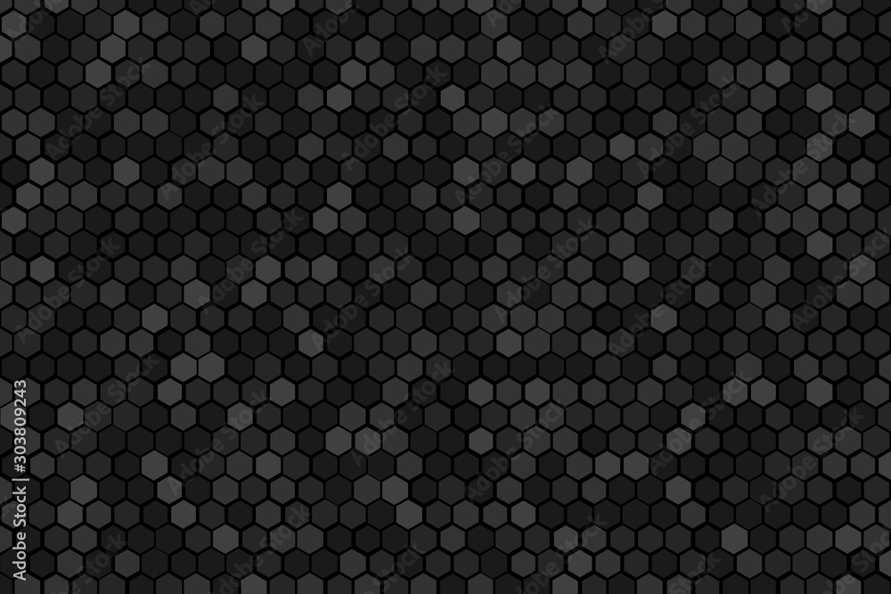 Honeycomb Grid tile random background or Hexagonal cell texture. in color black or dark or gray or grey with difference border space.