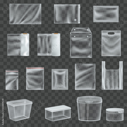 Set of realistic transparent plastic packaging film. Layouts of cling film, mockup of containers, packaging for food, gifts, bag package wrap vector illustration template