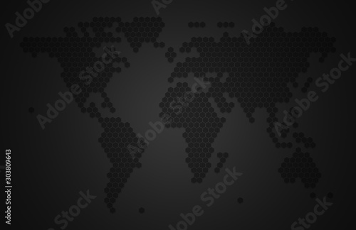 World or earth map (include ice plate of north pole) with honey bee or honeycomb or honey hive shape style With vignette dark border shadow. Black and White tone.