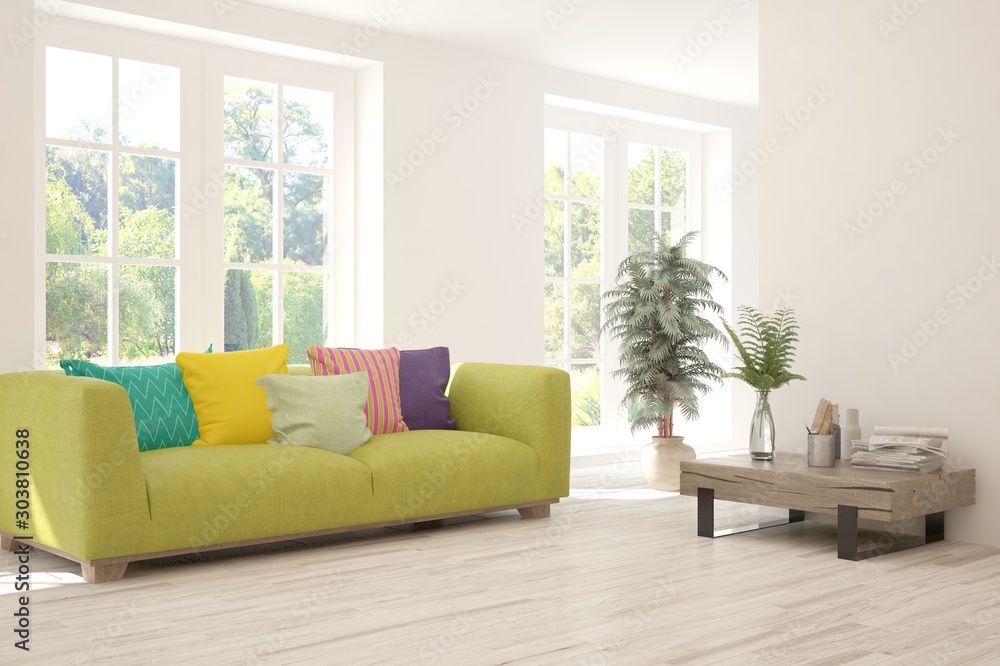Stylish room in white color with sofa and summer landscape in window. Scandinavian interior design. 3D illustration Stylish room in white color with sofa and summer landscape in window. Scandinavian interior design. 3D illustration