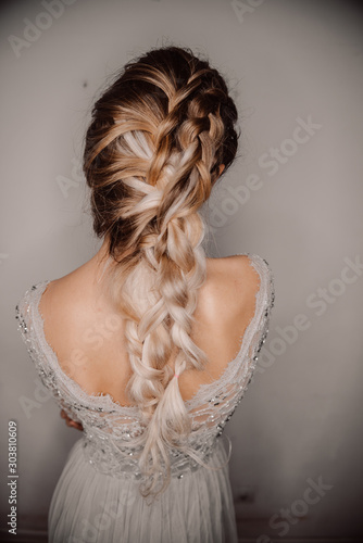Beautiful Hairstyle of Bride. Fashion Dress and Coiffure. Shatush, Balayage, Ombre Hair. Close Up of Hairdo