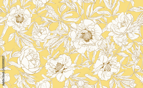 Peony flower. Seamless pattern, background. Black and white graphics. Vector illustration. In botanical style In soft mellow yellow color..