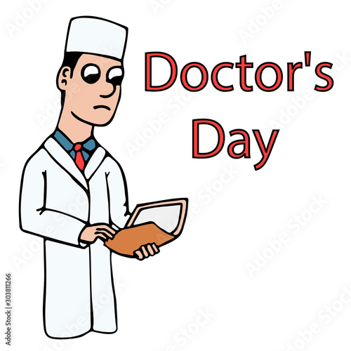 white young cartoon doctor holding a folder with a case history for doctors day. isolated stock vector illustration