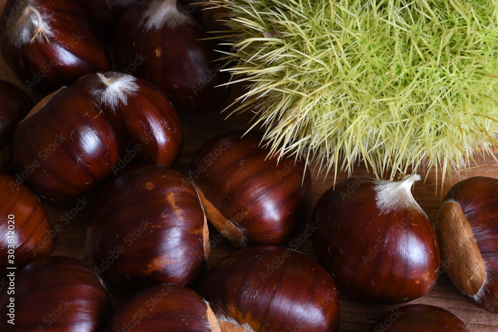 Closeup on chestnuts and curly on wooden background. Raw chestnuts for Christmas. Closeup on chestnuts and curly on wooden background. Raw chestnuts for Christmas.