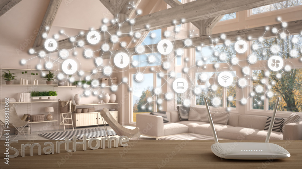 Wi-Fi wireless router on wooden table, smart home, geometric background with connected line and dots showing internet of things system, home automation concept over modern living room Wi-Fi wireless router on wooden table, smart home, geometric background with connected line and dots showing internet of things system, home automation concept over modern living room