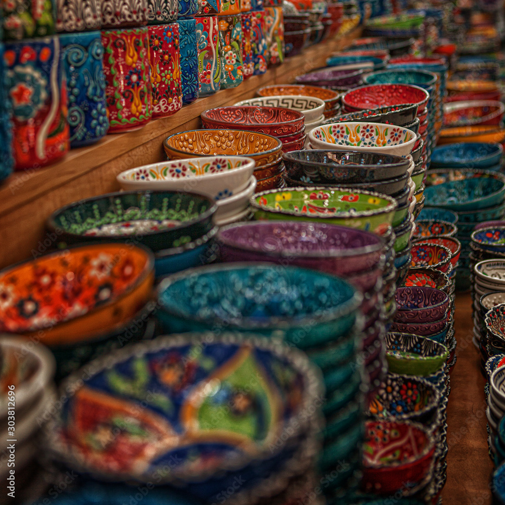 authentic ceramic dishes in the oriental bazaar in the tourist souvenir shop