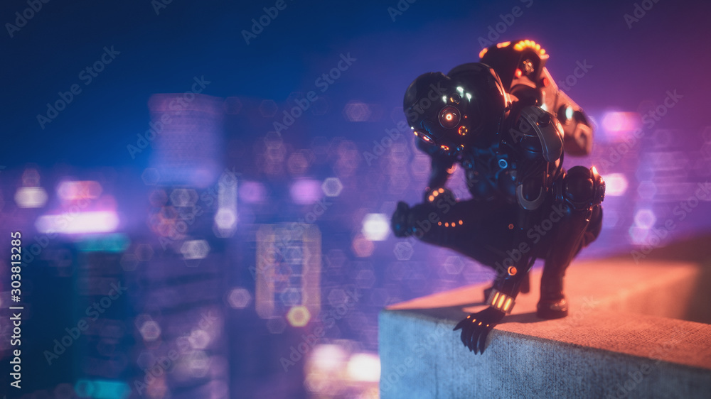 Fototapeta Cyborg, siedzący na tylnych łapach na skraju betonowego dachu wysokiego budynku, spogląda w dół na nocne miasto. Dziewczyna science fiction w futurystycznym czarnym pancerzu z plecakiem odrzutowym, hełmem. 3d ilustracji