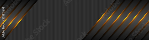 Black abstract tech banner with orange glowing neon light. Vector futuristic luminous background