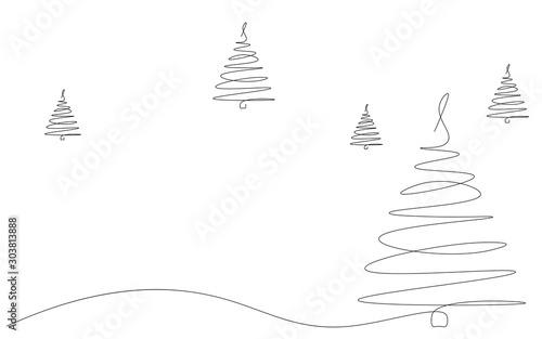 Christmas background with tree continuous line drawing, vector illustration