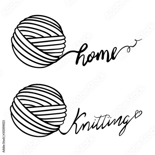 Illustration of yarn ball, lettering words. For crocheting and knitting print, icons, website, logo, tag, label, creative design. Love knitting  home. Vector version.