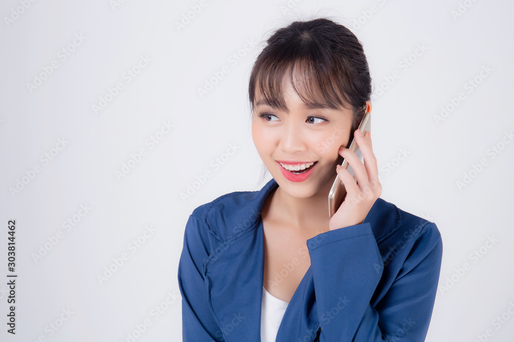 Beautiful portrait young asian business woman confident talking on smart mobile phone isolated on white background, secretary businesswoman work with phone call with happy, communication concept. Beautiful portrait young asian business woman confident talking on smart mobile phone isolated on white background, secretary businesswoman work with phone call with happy, communication concept.