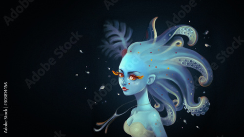 Beautiful squid girl with long wavy hair tentacles in the deep sea. Concept art underwater princess with yellow eyelashes. Portrait of a romantic mermaid with fish in blue tones. Digital illustration.