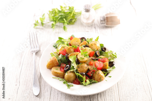 mixed vegetable salad with potato, tomato, olive and lettuce