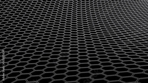 Abstract hexagon wavy pattern; white wire mesh texture on a black background 3d rendering, 3d illustration