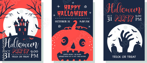 Happy Halloween invitation card. Set of three postcards. Set of Halloween icons and design elements. Vector illustration. Greeting cards with traditional symbols.
