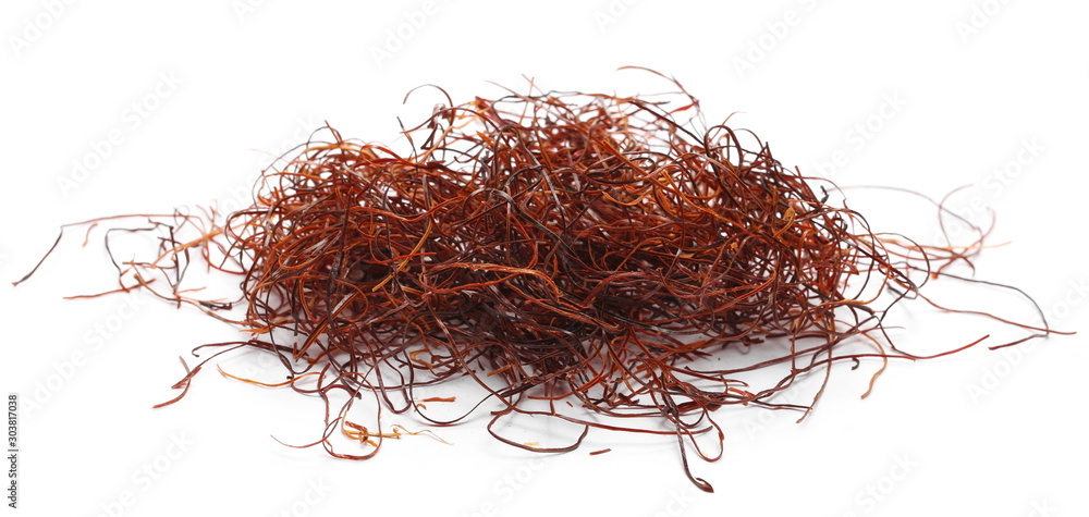 Fototapeta premium Dry red chili pepper shavings pile isolated on white background