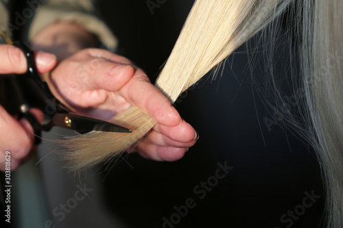 Woman hairdresser cuts the blonde hair. Scissors in female hands close up, hair cutting, barbershop concept