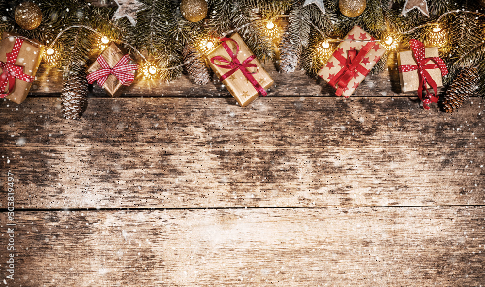 Fotografie Decorative Christmas rustic background with gifts